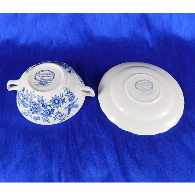 1970s Set of Six Ridgway Windsor Blue Flat Cream Soup Bowls With Underplates For Sale - Image 5 of 6