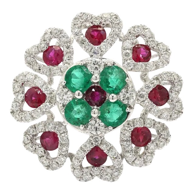 Solid 14k Gold Ruby Emerald and Pave Set Diamond Bohemian Chic Flower Ring Size 11 For Sale
