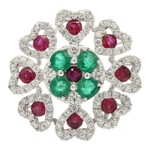 Solid 14k Gold Ruby Emerald and Pave Set Diamond Bohemian Chic Flower Ring Size 11
