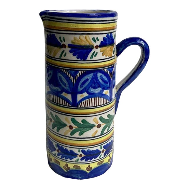 Vintage Toledo Bright Hand Painted Folk Art Pottery Pitcher For Sale