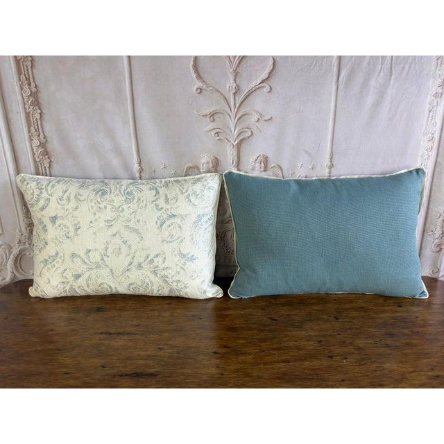 Textile Pair of Custom Printed Linen Lumbar Pillows in Faded Aqua Baroque Damask For Sale - Image 7 of 10