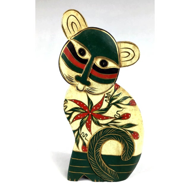 1960s Vintage Carved & Painted Micronesian Sitting Cat Figurine For Sale - Image 11 of 11