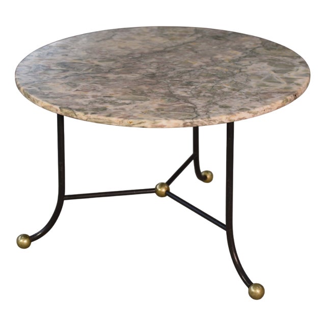 Marble Side Table with Wrought Iron Base and Brass Balls in the style of Jean Royère, 1940s For Sale