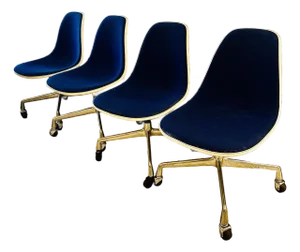 1960's Fiberglass and Blue Fabric Swivel Chairs by Eames for Herman Miller - Set of 4