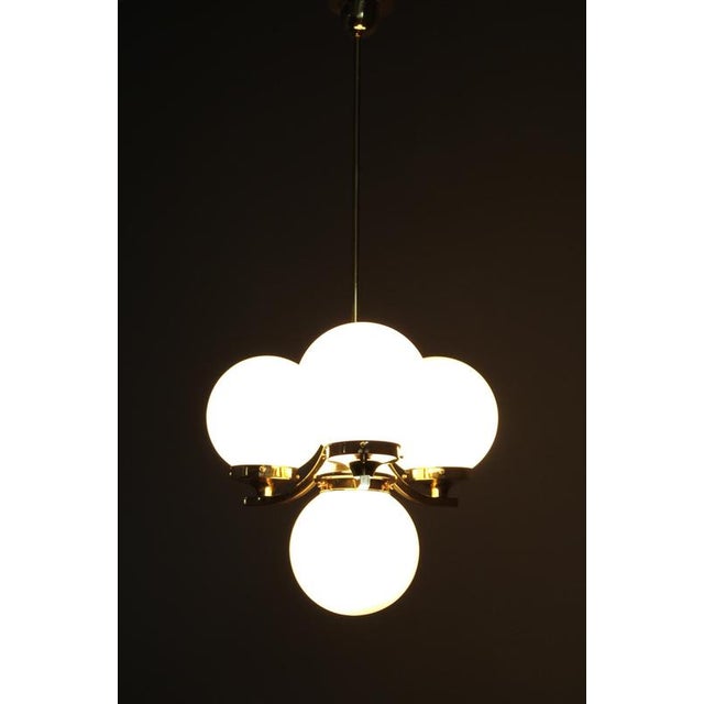 Art Deco Brass Chandelier with Opaline Glass, Czechoslovakia, 1930s For Sale - Image 10 of 11