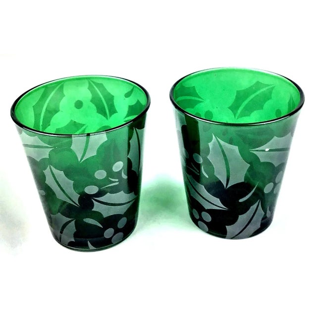 Glass Bright Holly Decorated Green Vintage Cocktail Glasses For Sale - Image 7 of 7