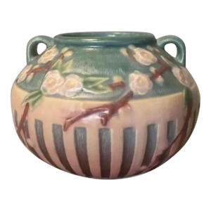 Vintage Roseville Pink Cherry Blossom Art Pottery Handled Vase