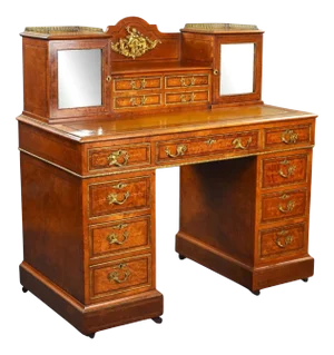 Victorian Burr Walnut and Ormolu-Mounted Pedestal Desk with Cabinet Top, 1870
