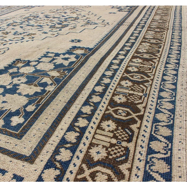 Cream Vintage Turkish Oushak Rug With Medium Blue, Brown and Cream Colors For Sale - Image 8 of 10