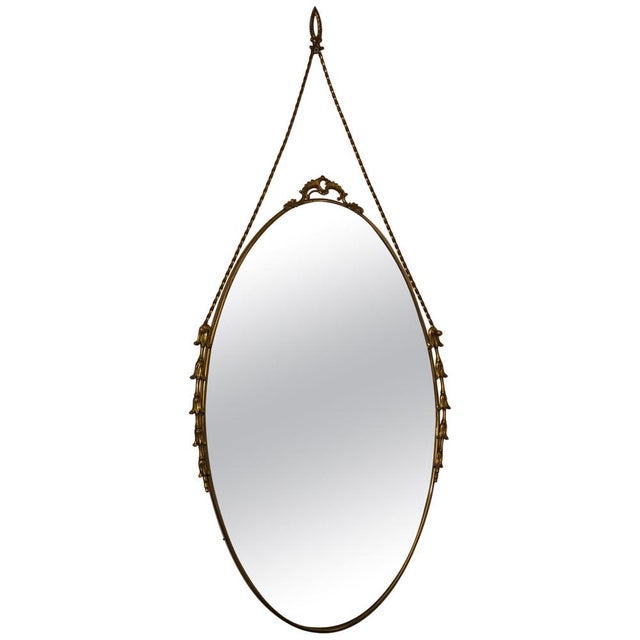Oval Brass Wall Mirror with Neoclassical Decoration and Brass Chain, 1950s For Sale - Image 17 of 17