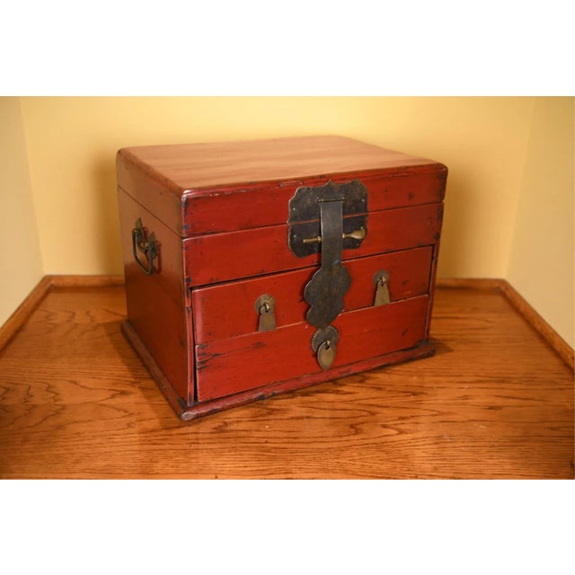 Antique Chinese Red Lacquered Wooden Chest For Sale - Image 11 of 11