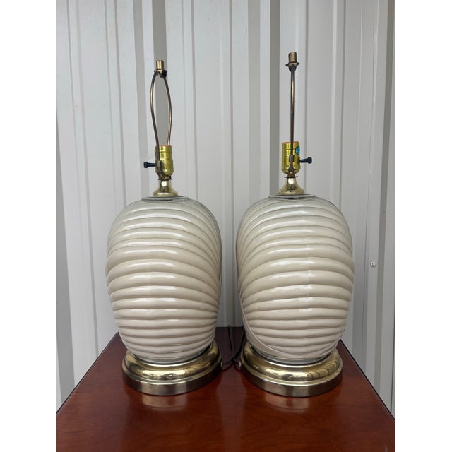 Contemporary Sculptural Postmodern Ivory Ceramic Spiral Shell Table Lamps, 24”h, a Pair For Sale - Image 3 of 11