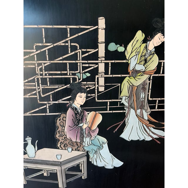 Asian 1960s Asian Coromandel-Style Black Lacquer Double-Sided Four-Panel Folding Screen For Sale - Image 3 of 17