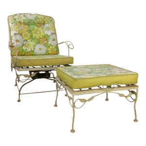 Mid Century Modern Yellow Wrought Iron Outdoor Swivel Lounge Chair With Ottoman and Vintage Floral Upholstery
