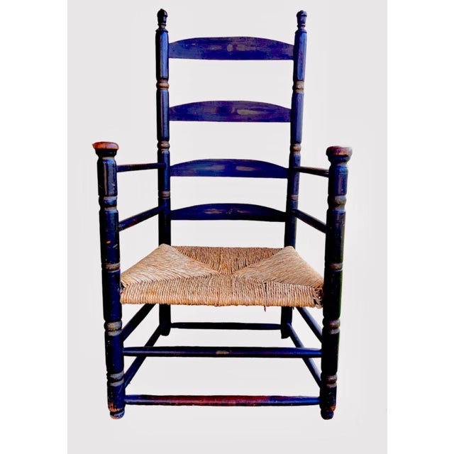 Exquisite and Rare 18th century Ladder Slat-Back, original paint Chair w/rush Seats, Finials, Mushroom Handholds on arms...