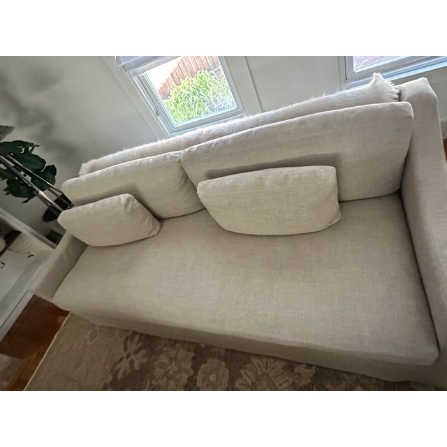 Sand Restoration Hardware Belgian Slipcovered Slope Arm Bench-Cushion Sofa in Sand Performance Linen, 7ft (Pair Available) For Sale - Image 8 of 14
