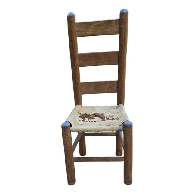 Antique Primitive Child's Ladderback Chair With Woven Hide Seat For Sale