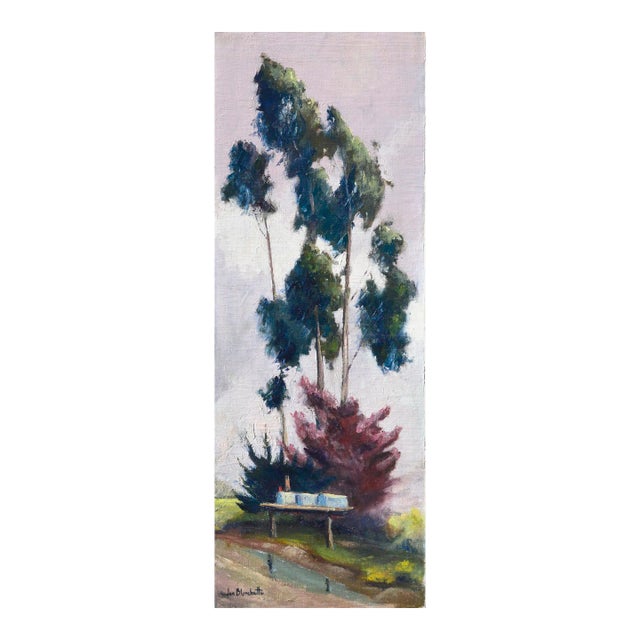 Roadside Eucalyptus Trees, Mid Century Vertical Landscape by Jon Blanchette For Sale