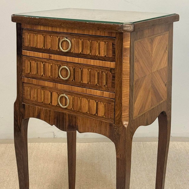 Pair of French Marble Top Marquetry Side Tables ~ Nightstands For Sale - Image 9 of 18