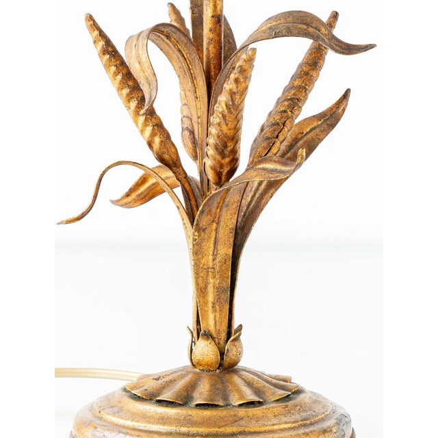 Metal Vintage French Gilt Wheat Sheaf Table Lamp with New Silk Lampshade, 1950s For Sale - Image 7 of 18