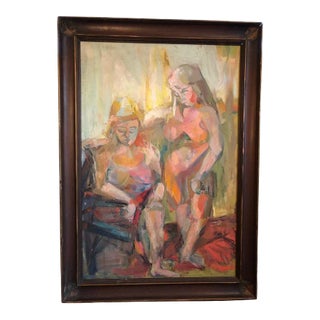 Large Picasso Style Mid-Century Modern Oil on Board of Women For Sale