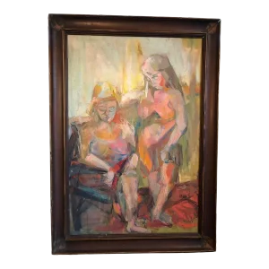 Large Picasso Style Mid-Century Modern Oil on Board of Women