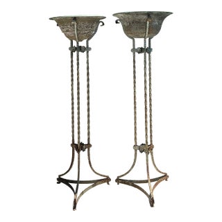 Vintage Patinated Twisted Wrought Iron and Copper Plant Stands For Sale