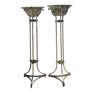 Vintage Patinated Twisted Wrought Iron and Copper Plant Stands