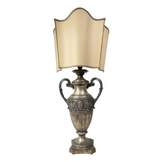 Antique Brass Table Lamp with Silk Shade, 1890s For Sale