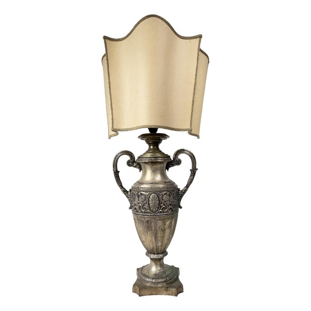 Antique Brass Table Lamp with Silk Shade, 1890s For Sale
