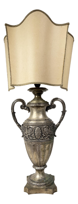 Antique Brass Table Lamp with Silk Shade, 1890s