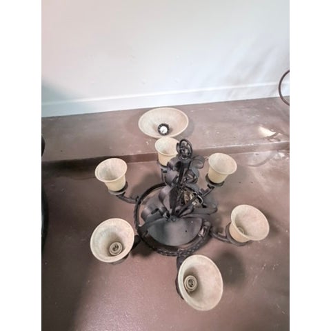 Traditional 1990s Wrought Iron 6-Arm Chandelier – Frosted Glass Bell Shades For Sale - Image 3 of 4
