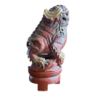 Chinese Very Unusual and Rare Carved Wood Foo Dog /Dragon Sculpture Sang De Boeuf Red With Gold Highlighting. For Sale
