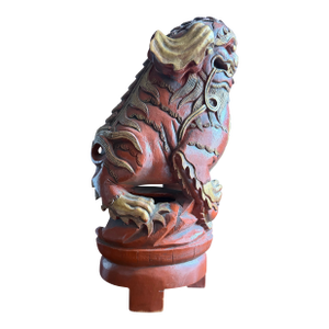 Chinese Very Unusual and Rare Carved Wood Foo Dog /Dragon Sculpture Sang De Boeuf Red With Gold Highlighting.