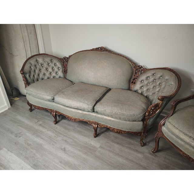 Antique Hand Carved Victorian Sofa and Chair For Sale - Image 14 of 17