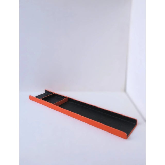 An Italian all leather desk organizer, Minimalist design, circa late-20th century, Italy. A well-made piece: metal wrapped...