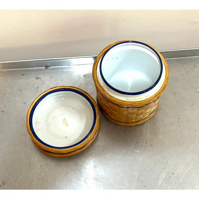 Wicker Wrapped Enamel Metal Canister Jar For Sale - Image 4 of 5