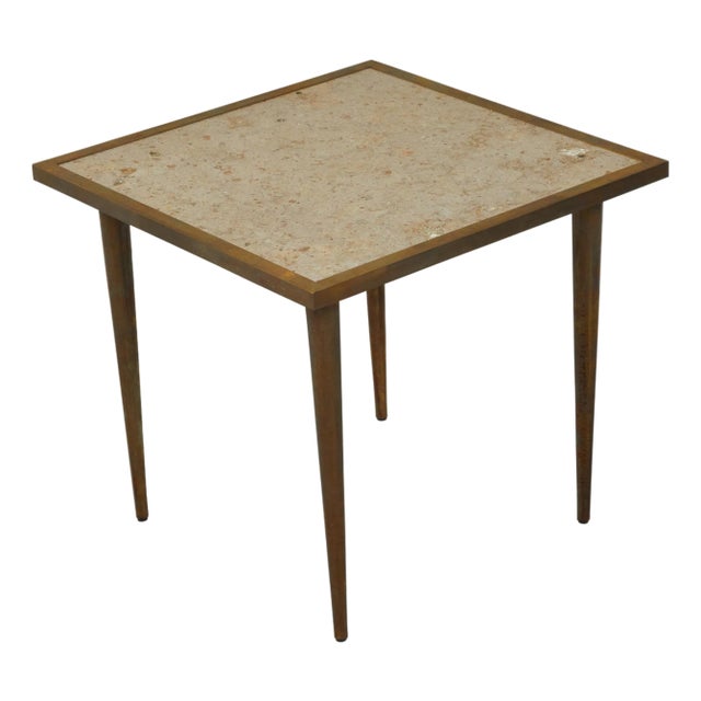 Italian Midcentury Brass Coffee Table with Marble Top and Tapered Legs For Sale