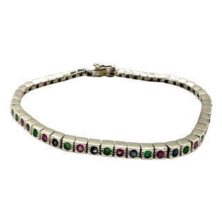 Art Deco Style Sterling Silver Ruby, Emerald & Sapphire Tennis Bracelet, 9 Ct For Sale