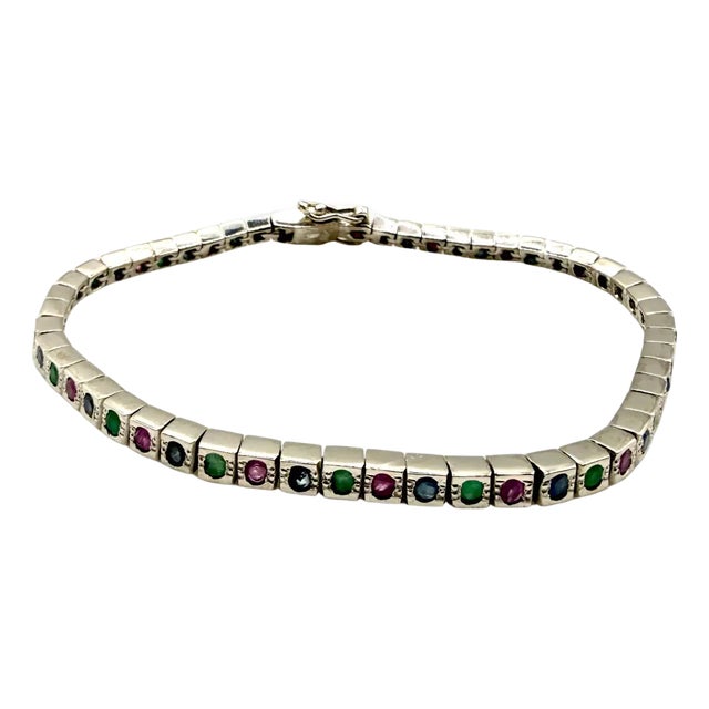 Art Deco Style Sterling Silver Ruby, Emerald & Sapphire Tennis Bracelet, 9 Ct For Sale