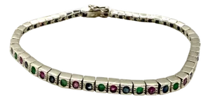 Art Deco Style Sterling Silver Ruby, Emerald & Sapphire Tennis Bracelet, 9 Ct