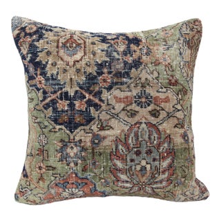 Hand-Knotted Tribal Rug Pillow Cover in Earthy Greens & Deep Indigo -20'' X 20'' For Sale