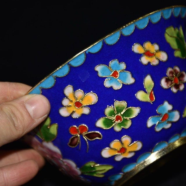 Metal Handmade Cloisonne Tea Bowl, Wire Inlaid Pink Peony on Deep Blue, Chinoiserie Decor For Sale - Image 7 of 9