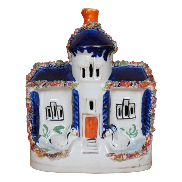 Antique 19th Century Staffordshire Porcelain Swan Manor House Figurine For Sale