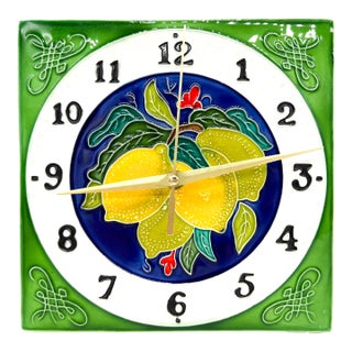 Vintage Italian Majolica Style Lemon Ceramic Wall Clock | Hand Painted Citrus Kitchen Decor - Mediterranean, Cottagecore For Sale