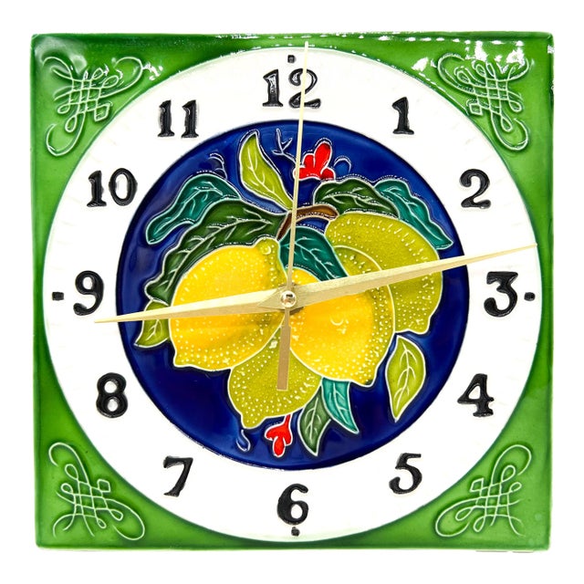 Vintage Italian Majolica Style Lemon Ceramic Wall Clock | Hand Painted Citrus Kitchen Decor - Mediterranean, Cottagecore For Sale