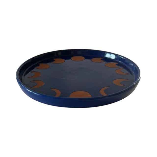 Contemporary Handmade Blue and Terra Cotta Moon Phases Serving Plate For Sale - Image 3 of 5