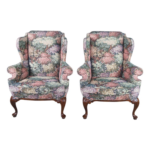 2 Vintage Drexel Traditional Classics Queen Anne Mahogany Wingback Arm Chairs For Sale