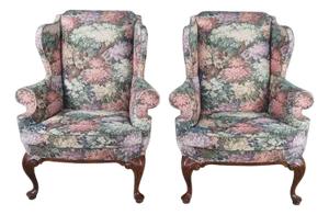 2 Vintage Drexel Traditional Classics Queen Anne Mahogany Wingback Arm Chairs