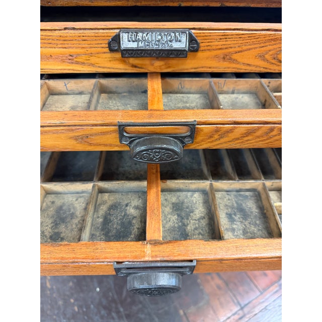 Antique Hamilton Marble Top Oak Letterpress Printer’s Type Cabinet For Sale - Image 11 of 12